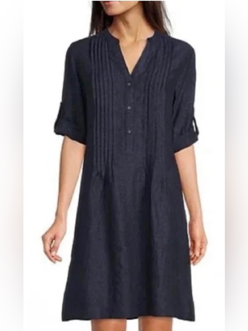 J. McLaughlin Navy Pintuck Roll-Sleeve Tunic Linen Mini Dress